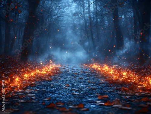 Forest path on fire darkness and smoke Rain pouring leaves falling with a magical mysterious look