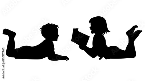 Children reading book silhouette on white background