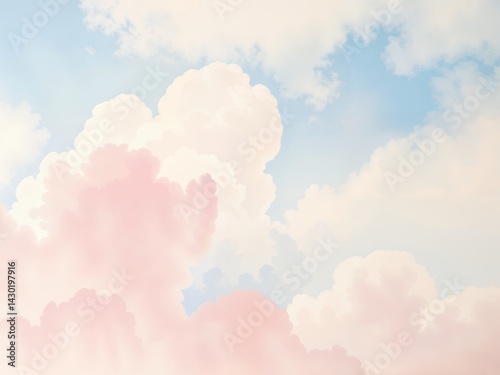 Soft pastel clouds drift lazily across a pale blue sky, evoking a sense of calm and peacefulness