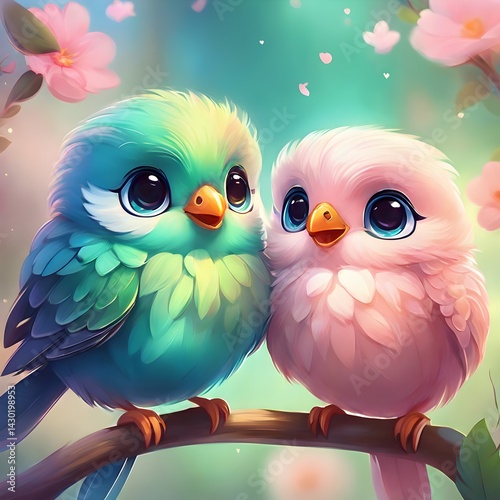 Adorable Lovebirds in a Blossoming World