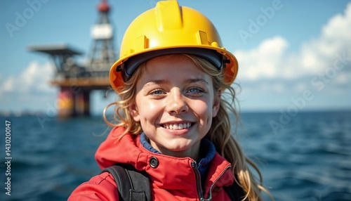 Young girl smiling in safety gear on an offshore platform  