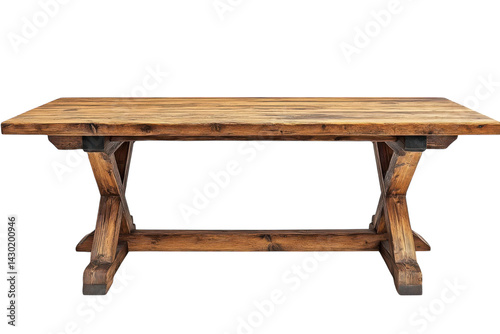 Rustic Farmhouse Dining Table Reclaimed Wood X Base Design Rich Brown Tones Isolated on Black Background Perfect for Rustic on transparent background