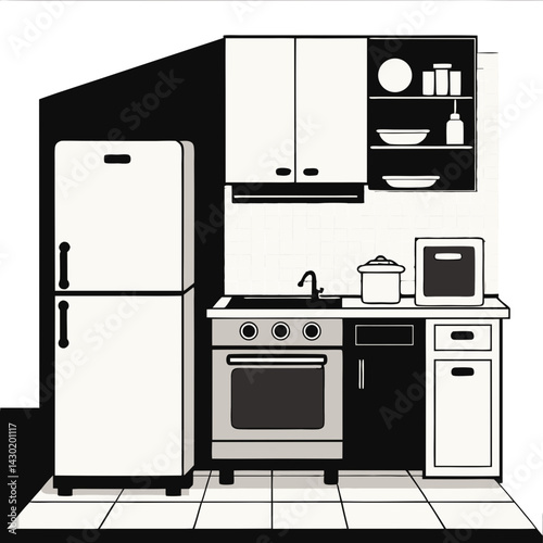  Illustration of a Compact Kitchen with Refrigerator, Stove, Sink, Cabinets, and Microwave