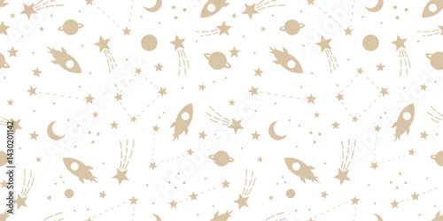 Celestial warm neutral beige and white fast rocket ships galaxy seamless pattern with stars, vector wallpaper design