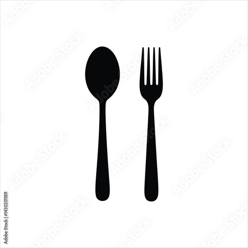 Spoon and Fork Icon: Simple black silhouette icons of a spoon and fork, perfect for restaurant menus, food blogs, or any culinary-themed design project.  