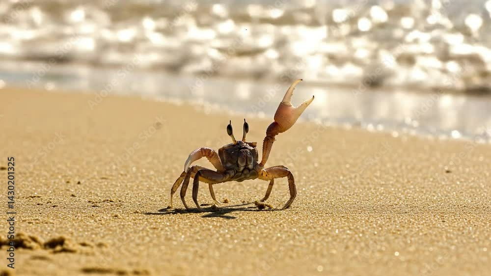 Small sand crab waving claw on sunny beach near ocean waves video
