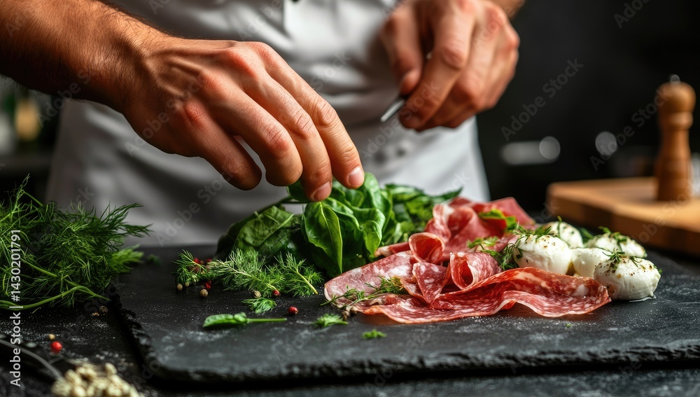 Chef meticulously arranging a gourmet antipasto platter with cured meats, fresh mozzarella, and herbs Chef meticulously arranging a gourmet antipasto platter with cured meats, fresh mozzarella, and herbs