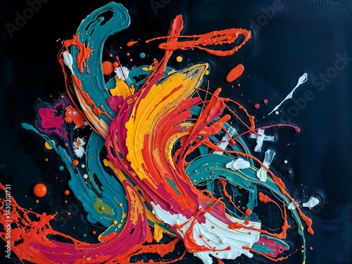 A vibrant abstract artwork features dynamic splashes and streaks of turquoise, orange, yellow, pink