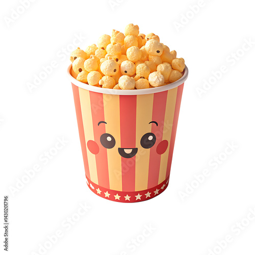 Cute 3D Cartoon Popcorn Bucket Overflowing with Popcorn on White Background

