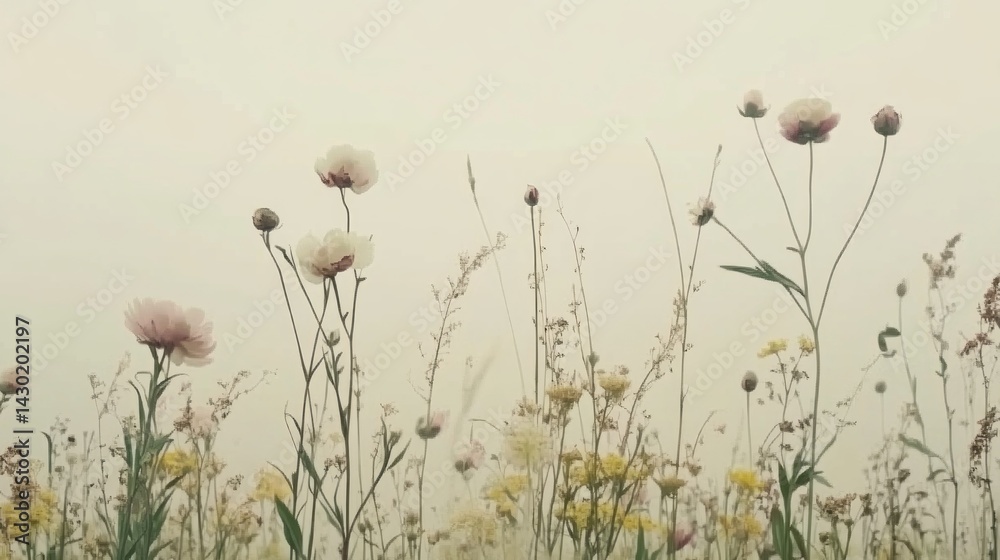 Fototapeta premium Soft pastel wildflowers stand in a hazy field.