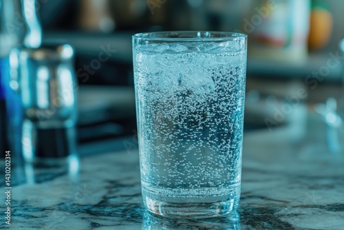 Sparkling water in a glass with ice photo
