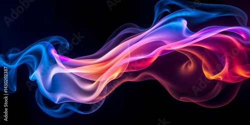 Abstract swirling smoke-like forms create a dynamic, ethereal visual with gradients of blue,