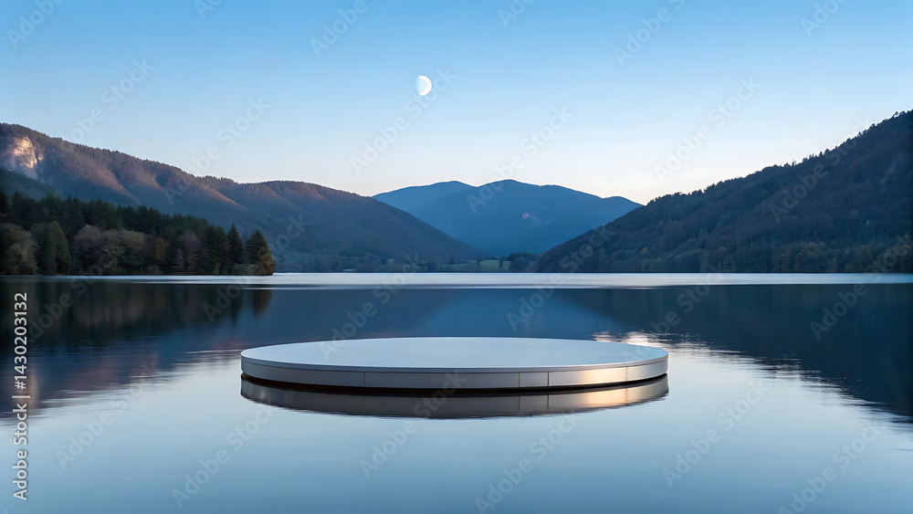 Fototapeta premium Serene Lakeside Platform Minimalist Mountain Lake Scene at Dusk