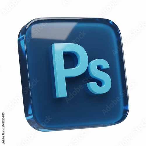 Glossy 3D jelly Photoshop icon, dark blue transparent square with light blue ‘Ps’, floating on white background