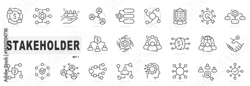Set of stakeholder tech related line icons. Partnership, company, team, emploee etc. Editable stroke