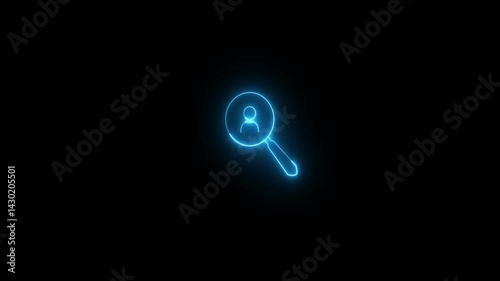 Glowing neon line magnifying glass for search job icon on black background. Neon search, person, magnifying glasses icon animation.