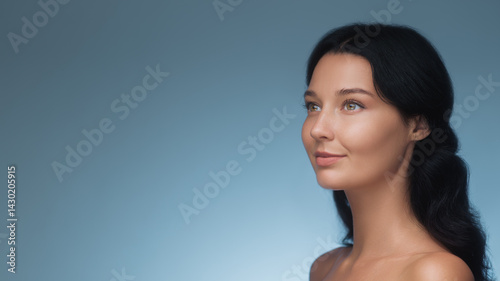 Obraz na płótnie A serene woman with long dark hair and flawless skin gazes softly into the distance, highlighting natural beauty and calmness. This image is ideal for promoting skincare, wellness, or beauty products w salonie