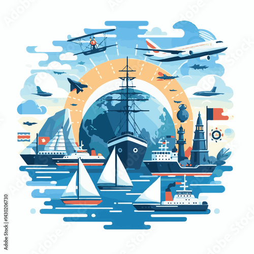 marine, ocean, illustration, international, poster, shipping, sea, nautical, maritime, transportation, banner, blue, celebration, background, world, vector, holiday, graphic, ship, design, concept, bu