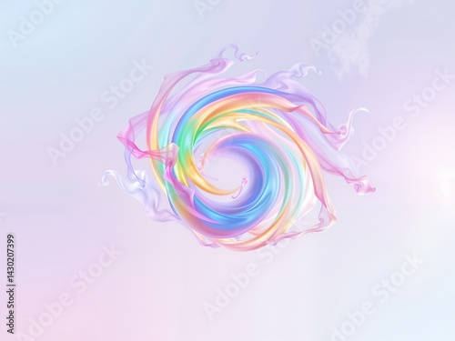 A vibrant, swirling vortex of translucent pastel ribbons dances gracefully against a soft gradient