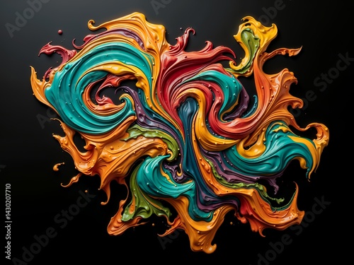 Dynamic swirls of vibrant paint coalesce against a dark backdrop, creating a visually striking and