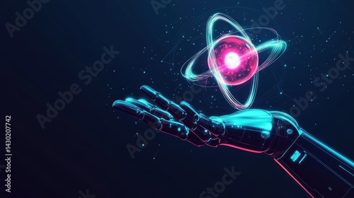 A robotic hand holding a glowing atom, symbolizing the fusion of technology and science.