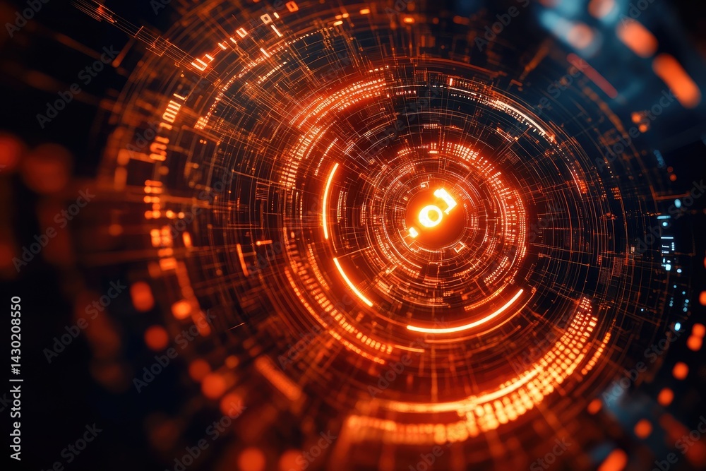 Abstract digital graphic of swirling, concentric circles with glowing orange light and data Abstract digital graphic of swirling, concentric circles with glowing orange light and data