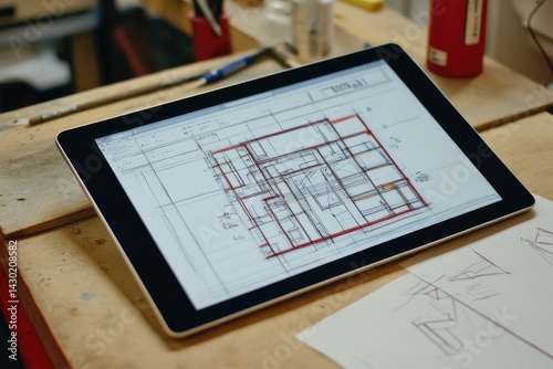 Digital architectural blueprint displayed on a tablet.  Interior design sketch on a tablet computer, lying on a wooden table.  Technical drawing of a house layout