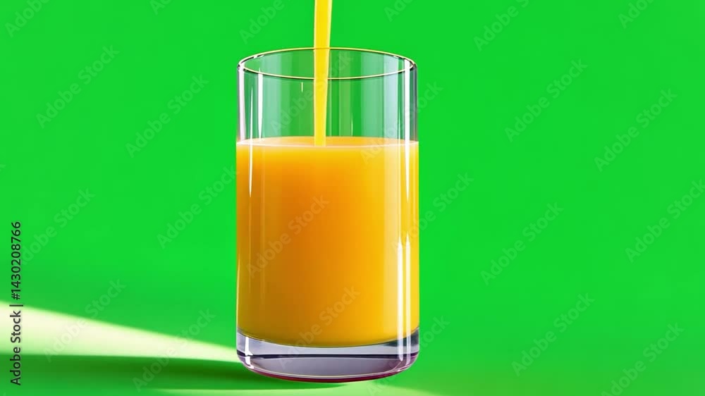Fresh Orange Juice Pouring into a Clear Glass on a Vibrant Green Background Fresh Orange Juice Pouring into a Clear Glass on a Vibrant Green Background