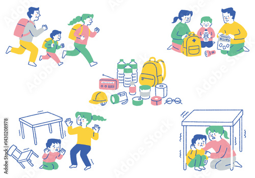 Disaster prevention goods and evacuating family set_color