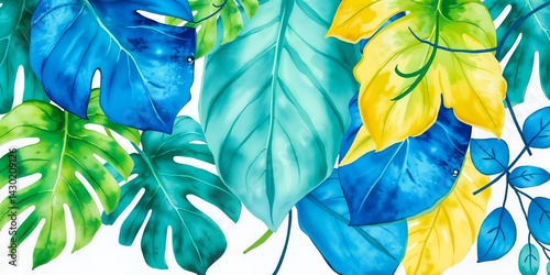 A vibrant display of colorful tropical leaves in shades of blue, green and yellow creates a