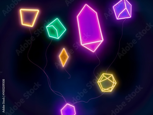 A vibrant display of geometric shapes outlined with luminous neon glows floats against a dark
