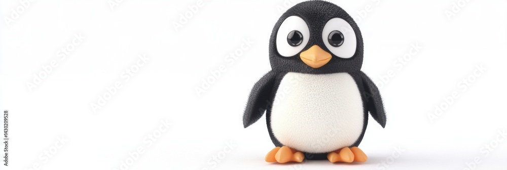 Fototapeta premium Baby Penguin Standing Upright With Big Eyes on Soft White Background, Showcasing Its Adorable Features and Plush Texture Generative AI