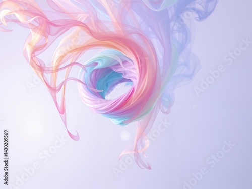 Abstract flowing ribbons of color create a soft, ethereal composition, featuring delicate pinks,