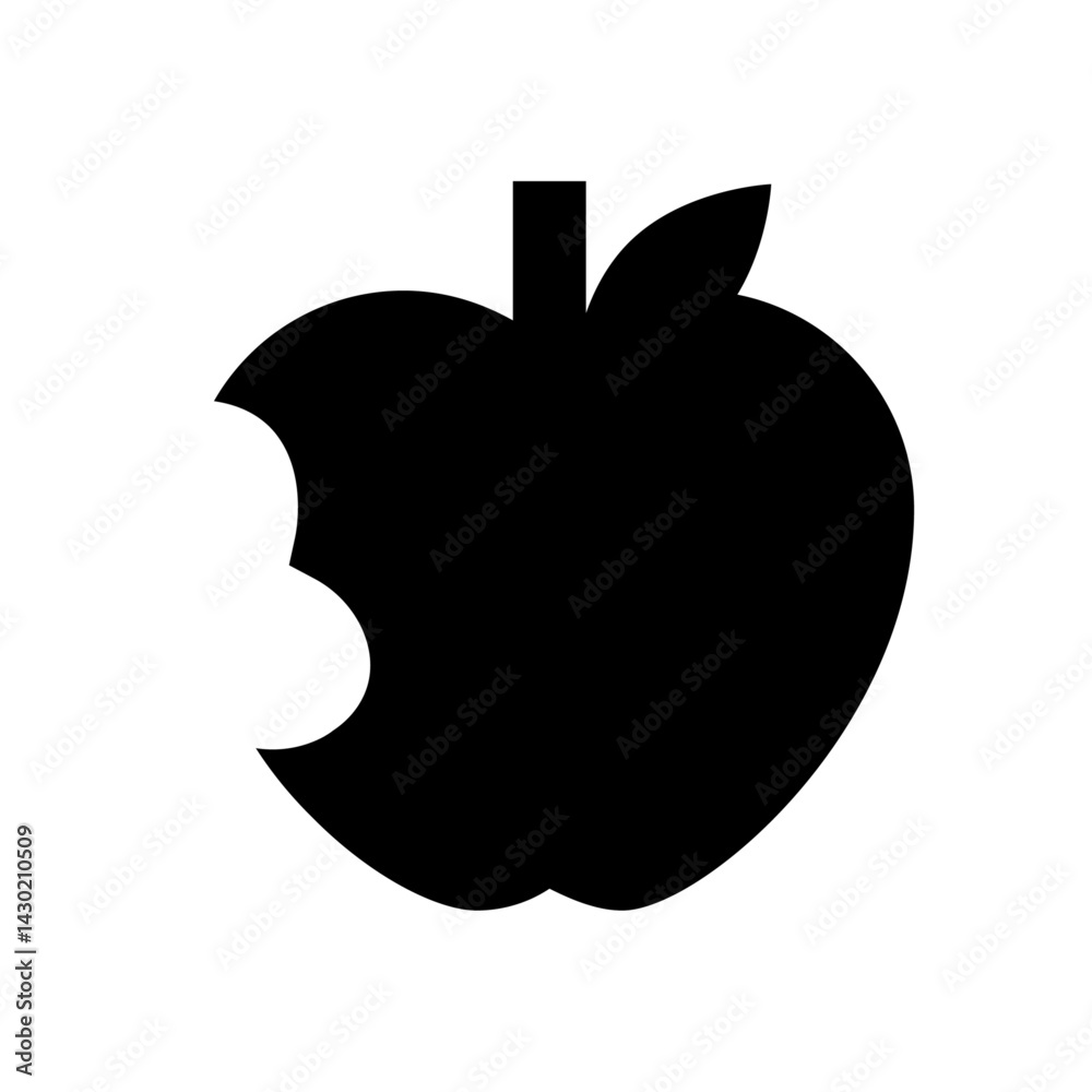 Black silhouette of an apple with a bite taken out of it and a stem and leaf on a white background view