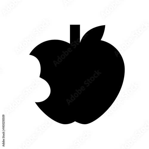 Black silhouette of an apple with a bite taken out of it and a stem and leaf on a white background view