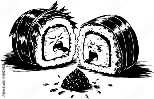 Sushi roll battle animated sushi characters kitchen illustration humorous close-up food fight concept