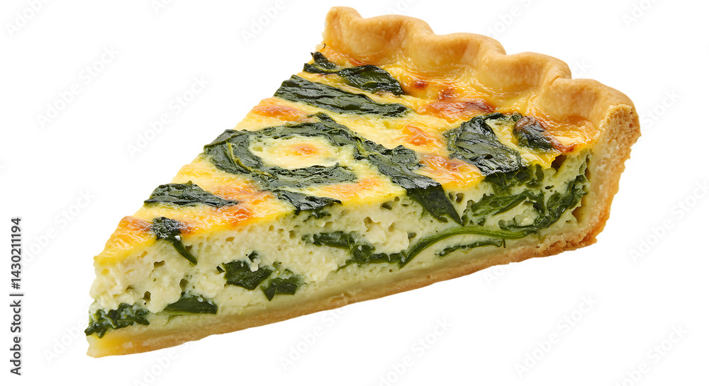 Fototapeta premium Spinach Quiche Slice Isolated on White Background