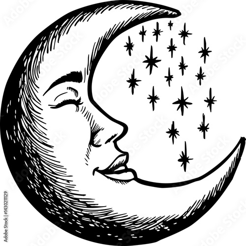 Starry night moon illustration celestial theme graphic whimsical environment artistic viewpoint dreamy concept