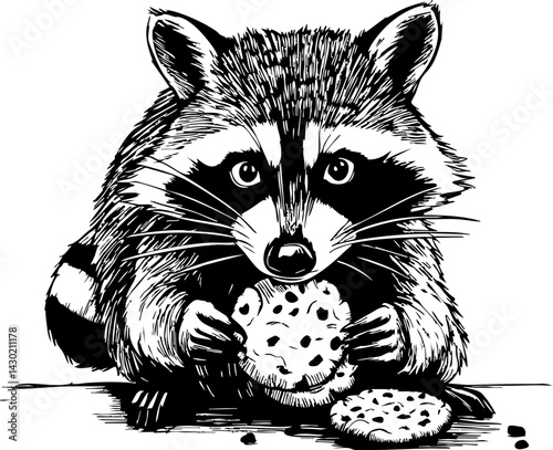 Raccoon enjoys cookies woodland area illustrated scene playful environment close-up view whimsical concept for seo impact