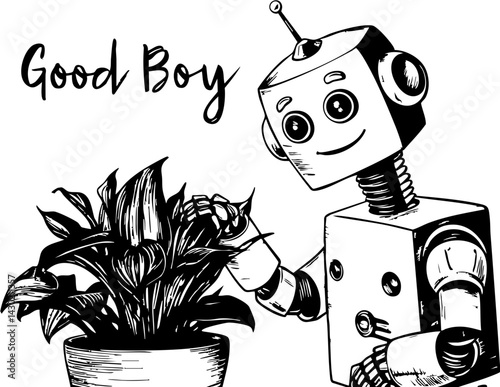 Robot caring for plants in a minimalist style indoor setting digital whimsical environment close-up perspective