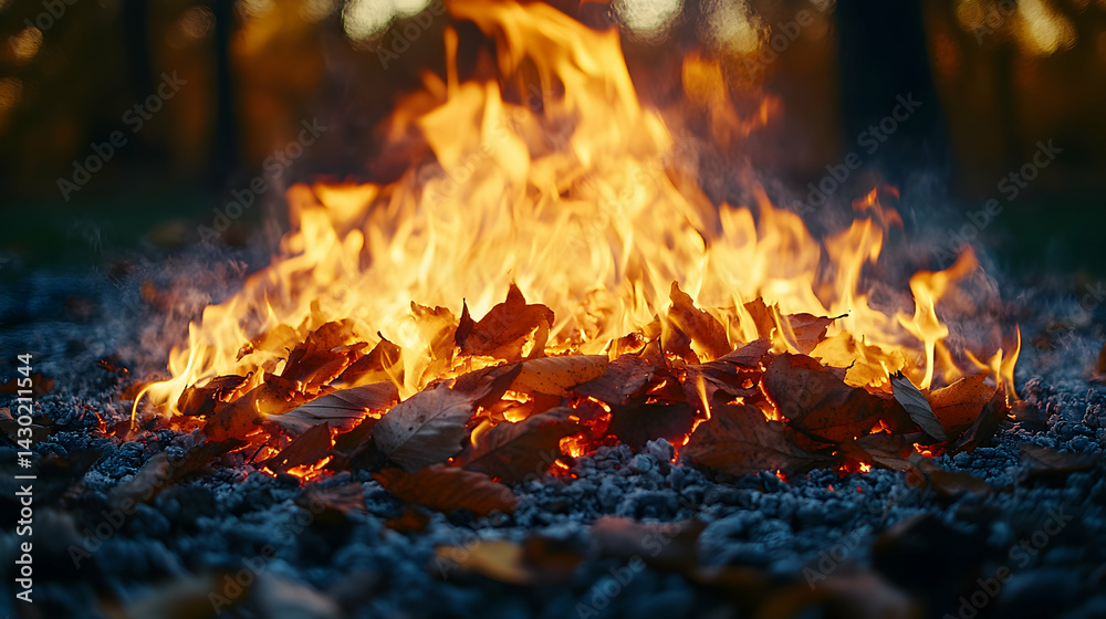Blazing fire consuming fallen leaves ash on ground and a blurred forest in the background