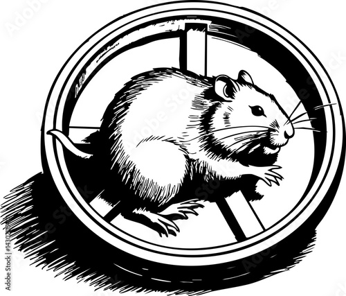 Hamster running in a wheel indoor environment vintage illustration animal behavior classic style whimsical concept