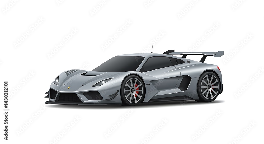 Fototapeta premium Silver Sport Car with Spoiler on White Background