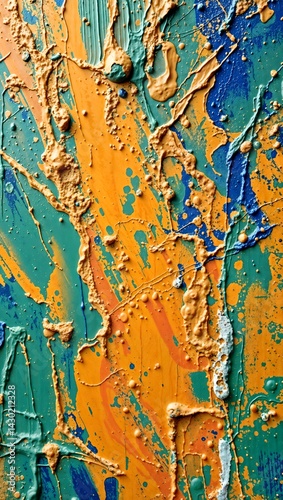 A vibrant and textured abstract painting is displayed with thick strokes of blue, turquoise, and