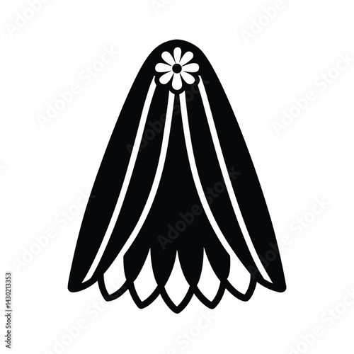 Tulle Veil with Floral Trim Silhouette Vector Illustration