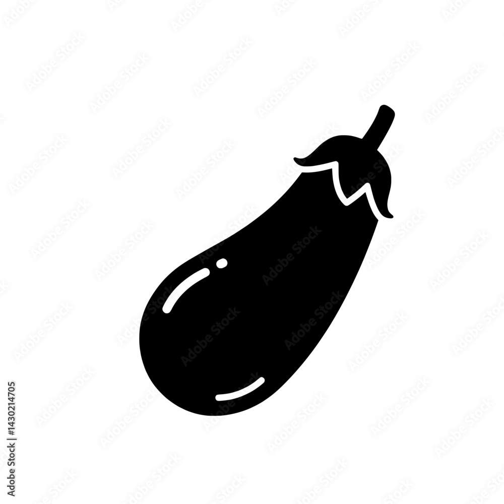 Elegant Eggplant Icon: A striking, monochrome depiction of a ripe eggplant, elegantly styled with a glossy, smooth texture and a playful, yet realistic design, presenting the perfect culinary element. Elegant Eggplant Icon: A striking, monochrome depiction of a ripe eggplant, elegantly styled with a glossy, smooth texture and a playful, yet realistic design, presenting the perfect culinary element.
