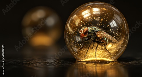 Blowfly Trapped in an Amber Sphere with Glittering Particles on Dark Surface photo