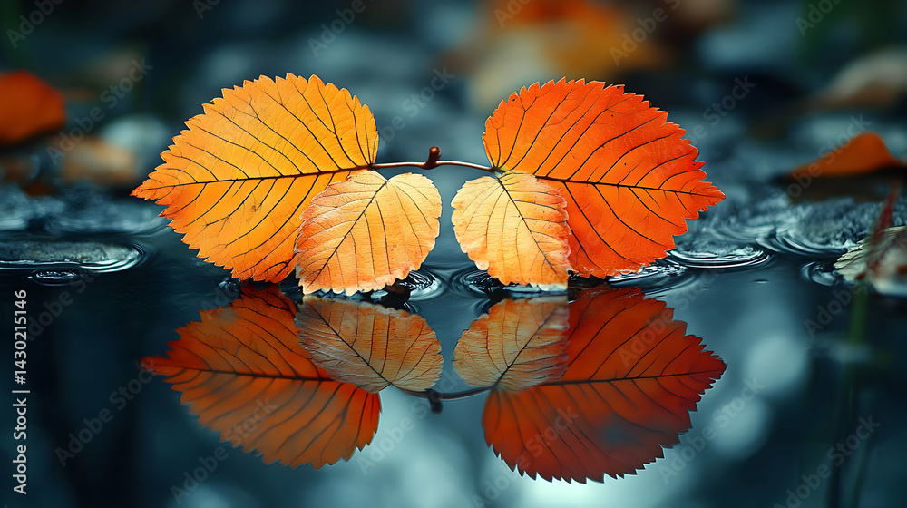 Two orange leaves on a branch mirroring on dark water surface surrounded by bokeh background Two orange leaves on a branch mirroring on dark water surface surrounded by bokeh background