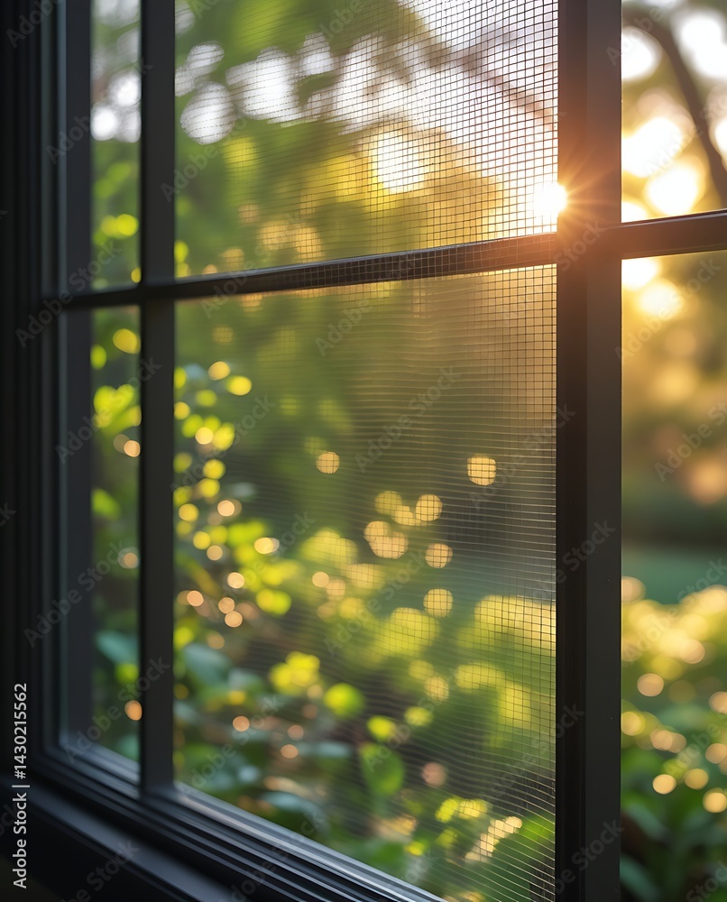 Naklejka premium Sunlight shining through a mesh window screen with a green forest view outside, capturing a calm, quiet, and warm early morning moment with soft light and gentle focus