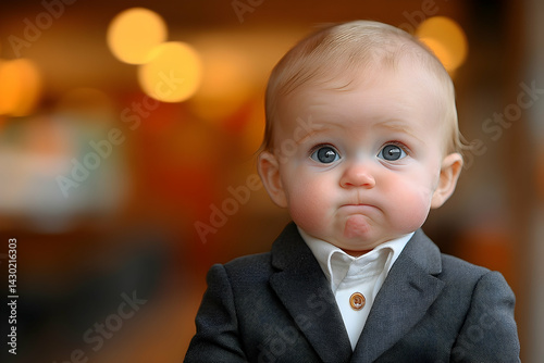 Baby wearing a suit with a pouty face The background has a bokeh effect with blurry spots of light